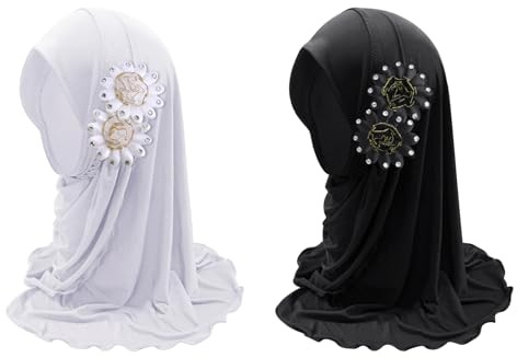 Holiberty 2 Pcs Girls Muslim Hijabs Kids Floral Arab Islamic Head Scarf Shawls Neck Wrap Instant Long Amira Hijabs Turban Cap Headscarf for Little Girls 2-6 Yrs