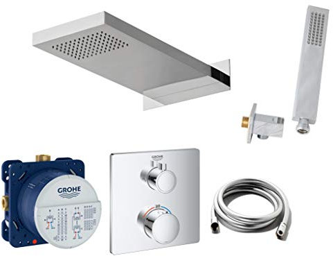 vanvilla Duschsystem mit Unterputz Duscharmatur von Grohe Grohtherm 2-Wege Thermostat und vanvilla Regendusche mit Armatur mit Thermostat, Duschkopf, Dusch-SET G11 poliert
