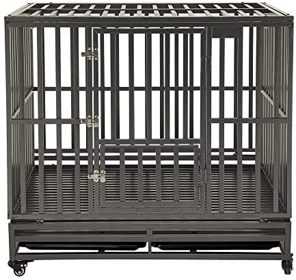 KELIXU 42” Heavy Duty Dog Crate Large Dog Cage Metal Dog Kennels and Crates for Large Dogs Indoor Outdoor with Double Doors, Locks, Lockable Wheels and Removable Tray, Black