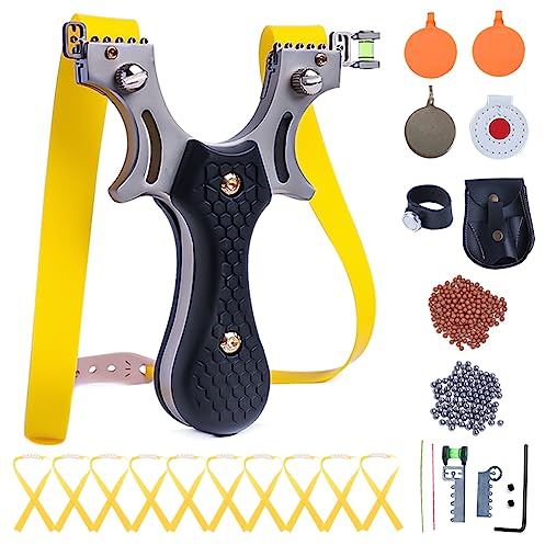 IITFSTC Outdoor Professional Solid Slingshot Set for Hunting Stainless Steel High Velocity Catapult Sling Shot for Adults with 1 Ammo Pouch 100 Slingshots Ammo Balls & 10 Rubber Bands & 4 Target