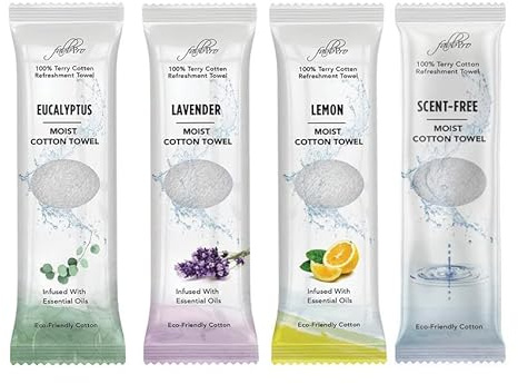 FabbPro Oshibori Moist Terry Cotton Refreshment Towels (100 Pack,8x8 Inches)-White Scented Pre-moistened Essential Oil Infused Towel to Use Hot or Cold – Unscented, Lavender, Lemon & Eucalyptus Scents