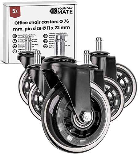 Juego de ruedas para sillas de oficina, 5 piezas, tamaño del perno Ø 11 x 22 mm, ruedas Ø 76 mm, con tornillo de seguridad y tuerca, ruedas silenciosas 360° para suelos duros