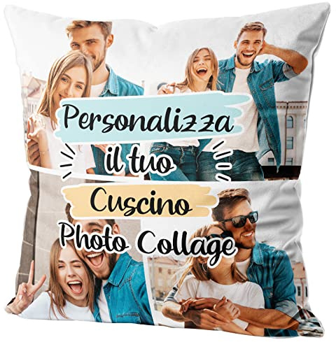 Woopers Cuscino Foto Collage Personalizzato 40x40 Imbottitura Inclusa (Collage 4 Foto). Idea Regalo Festa della Mamma
