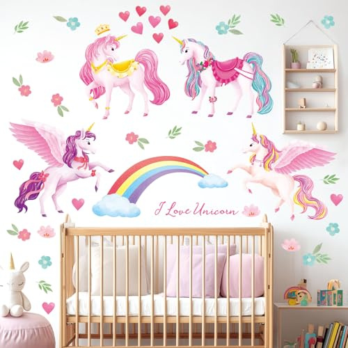 DECOWALL DS9-8072 Enhörningar och regnbågar Barnkammare Glow in the Dark Stjärnor Regnbågsdekoration Hemkonst Flickor Babyrum Rosa Färgglada klistermärken Söta tjejer