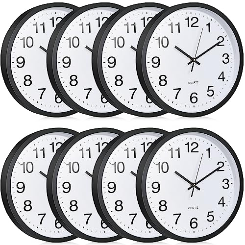 Inbagi 8 Pcs Wall Clock Bulk Large Silent Battery Operated Classroom Clocks Quartz Analog Non Ticking Wall Clocks Round for Office School Kitchen Classroom Home Bedroom Decorative(Black,12 Inch)