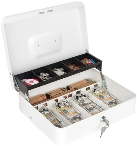 Sumerfnt Cash Box with Lock and Money Tray Money Box for Cash, Metal Lock Box for Money Cash Register - 11.8 x 9.4 x 3.54 White