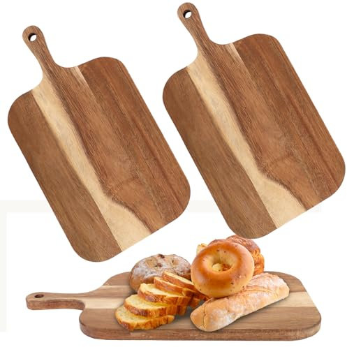 Oungy Confezione da 2 taglieri in legno con manico, 38 x 19,5 x 1,5 cm, in legno di acacia, grande tagliere in legno, per carne, pizza, formaggio, pane, verdure