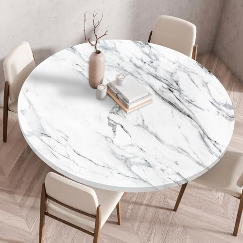 Highdi Mantel Antimanchas Redondo 110 cm, Ajustable Mármol Manteles de Mesa Impermeables Efecto Loto, Exterior Manteles para Jardín Restaurante, Ideal para 100cm-105cm