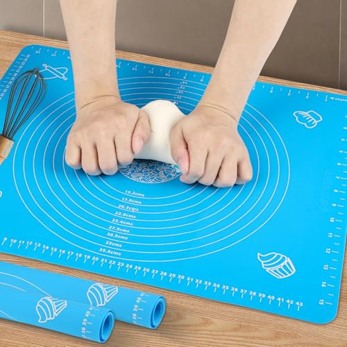Silicone Pastry Mat Non-Stick and Non-Slip Baking Mat,Extra Thick Rolling Dough with Measurements Silicone Mat,Kneading Mat,Counter Mat, Dough Mat,Fondant Mat (Blue, 16×20)