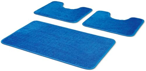 Comart - Set Tappeti Bagno Tahiti - Tris Tappetini Assorbenti: 1 Rettangolare 45x75 cm + 2 Giro Water 45x37.5 cm - Asciugatura Rapida - Salvaspazio - Antiscivolo - Lavabile in Lavatrice - Azzurro