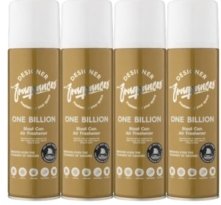 Designer Fragrances 4 Pack One Billion Air Freshener Blast Cans - For Home & Vehicles – Natural Oils, Luxury Lasting Smell, Dry Mist Quick Release Spray – Deodorise & Neutralise Odours – 300ml