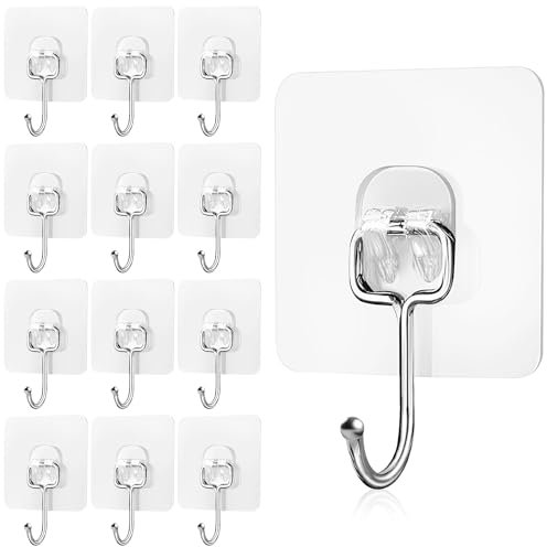 GXFCING 12 Pack Large Adhesive Hooks Heavy Duty Wall Hook 20kg (Max) Self-Adhesive Strong Clear Stick on Hooks Free Nail for Kitchen Home Office