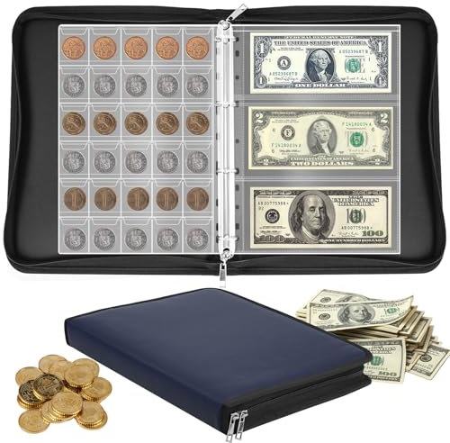 Yunkctuk Ignífugo Album Monedas de 2 euros, Monedas Coleccion con 24 Páginas para 300 Monedas y 36 Billetes de Euros, Dólares, Libras Esterlinas y Peniques. (Azul)