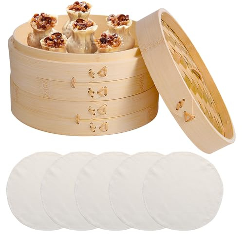 WANDGU Cuiseur Vapeur en Bambou à 2 Niveaux : Cuiseur Vapeur en Bambou de 21 cm de diamètre avec Couvercle et 5 Tapis antiadhésifs, pour Riz, dim sum, légumes, Poisson et raviolis à la Viande