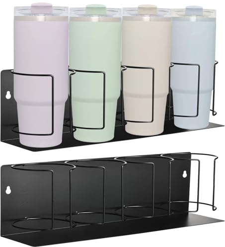 HFYZZ Magnetic or Screw Mount Water Bottle Organizer for Stanley 30/40 oz - 2 Pack 4-Cup Stanley Cup Storage Organizer Space Saving Tumbler Holder Organizer for Kitchen Cabinet Fridge, Black