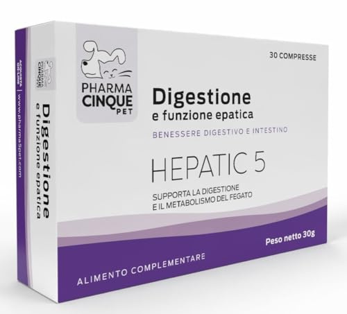 PharmaCinquePet – HEPATIC5 | Lever- och matsmältningsstöd för hundar och katter | Leverfunktion och matsmältning | 30 tabletter