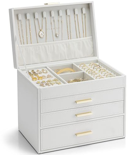 Caja de Joyería Vlando para Mujeres, Organizador de 4 Niveles con Soporte para Collar, Cajas y Organizadores para Anillo, Pulsera y Reloj, Regalo para Mujeres, Blanco