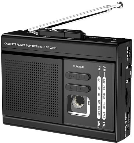 Lettore di cassette convertitore con radio AM FM, cassetta a MP3 tramite scheda SD, supporto lettore di cassette microfono esterno con jack per cuffie da 3,5 mm, alimentato da tipo C o (nero)