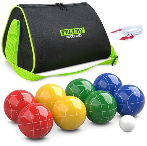 TELURY Bocce Ball Set 100mm Regulation Size and Weight for Lawn, Beach Bocci Game Sets for 2-8 Players (Multi-Color)
