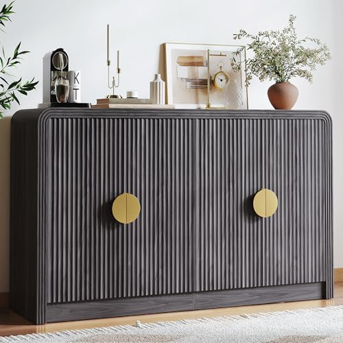 Decofy 55 Buffet Sideboard Cabinet, Mid Century Modern Console Cabinet with Wavy Grain Doors & Adjustable Shelves for Kitchen Cabinets, Living Room, Entryway, Coffee Bar Cabinet (Black Walnut)