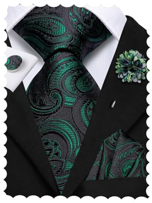 Hi-Tie Black Green Ties for Men Silk Mens Tie Paisely Necktie Pocket Square Cufflinks Flower Lapel Pin Set for Business