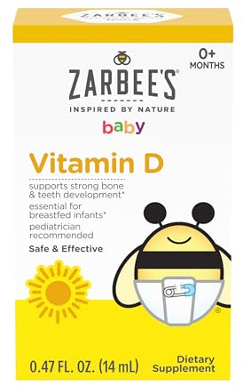 Zarbee's Vitamin D Drops for Infants, 400IU (10mcg) Baby & Toddler Liquid Supplement, Newborn & Up, Dropper Syringe Included, 0.47 Fl Oz