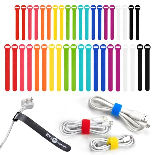 Self-Gripping Cable Ties by Wrap-It Storage, Multi-Color, 40 Pack (5 Inch and 8 Inch Straps) – Reusable Hook and Loop Cord Keeper, Cable Wrappers for Cord Management and Home Office Desk Organization