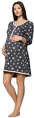 Be Mammy Chemise de Nuit Grossesse Maternité Allaitement BE20-176 (Graphite Étoiles Rose, L)