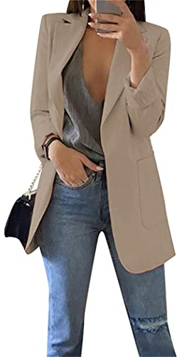 OMZIN Women's Casual Solid Office Work Long Sleeve Blazer Solid Color with Pockets Outwear Oversized Blazer Khaki M