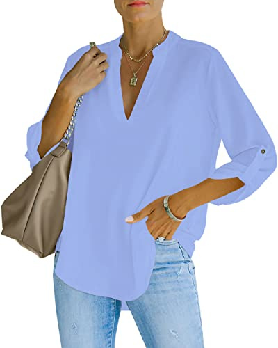 NONSAR Blusa elegante para mujer con cuello en V, blusa Henley con mangas que se pueden remangar, blusa suelta, azul claro, XXL