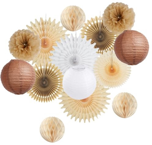 Party Deko Beige Braun Babyparty Deko Neutral Geburtstagsdeko Braun Papierfächer Deko Pompons Beige Papierlaternen für Boho Deko Hochzeit Geburtstag Papier Brautdusche Party