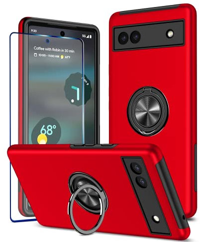 KRAFTCARE Hülle für Google Pixel 6A mit 1 Pack Panzerglas Schutzfolie, Handyhülle mit Eingebetteter 360° Grad Ring, Magnetische Schutzhülle Stoßfest Cover Case für Google Pixel 6A,Rot