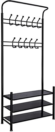 Hengsong Garderobenständer,Kleiderständer Schwarz,Garderobe,mit Shoe Rack,11 Haken,Flurgarderobe&,Schuhschrank,3 Ablagen Schuhregal Metall,Höhe ca.190cm