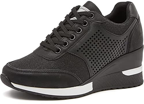 EXECAB Zapatillas de Deporte con cuña para Mujer, Zapatillas con Cordones de tacón de 3,15 , Zapatos de Plataforma de tacón Oculto Antideslizantes, Zapatos de Boda para Caminar,Negro,37