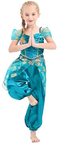 IKALI Flickor prinsessa utklädningsdräkt barn jasmin overall halloween födelsedag paljetter festkläder 7-8 år