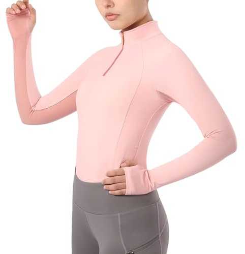 Harrison Howard Equestrian Tops - Top estivo da donna, a maniche lunghe, a mezza rete, ad asciugatura rapida, con linee delle spalle eleganti e scollo elegante, arancione e rosa, taglia M