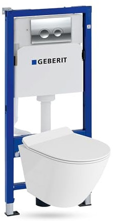 Lavita Duofix Basic Vorwandelement + Wand Tiefspül WC Sogo Slim Weiß Spülrandlos + WC Sitz + Bedienplatte Delta 25 Verchromt Knopf Komplettset Unterputz Spülkasten Toilette Komplett Sett WC