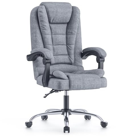 rattantree Ergonomischer Bürostuhl, Schreibtischstuhl, PC Computerstuhl mit Gepolsterter Armlehne und Weiche Kopfstütze, Rückenlehne, Neigungsfunktion, Höhenverstellbar, Chefsessel, Grauer Stoff