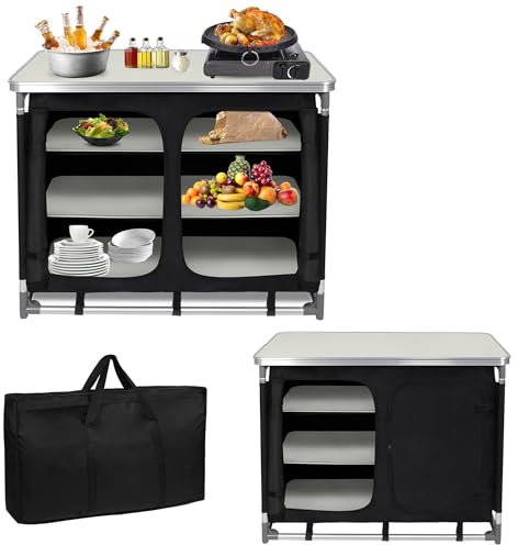 CEEDIR Faltbarer Campingschrank Campingküche Camping Küche mit Aluminiumgestell Outdoor Schrank Küchenbox Reiseküchemit Tragetasche -6 Fächer
