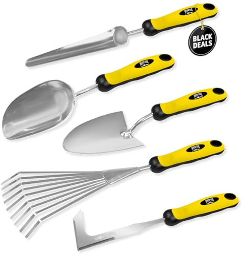 MISTER TOOL Gartenwerkzeug Set - 5-teiliges Set mit Pflanz- & Volumenschaufel, Federrechen, Unkrautkelle & Fugenkratzer mit Köpfen aus rostfreiem Stahl, multifunktionell, vielseitig einsetzbar