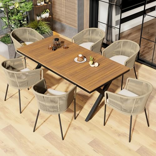 Dolamaní Ensemble de mobilier de jardin pour 6 personnes, salon de jardin avec 6 fauteuils et 1 table en acacia, coussins inclus