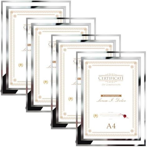 Hoikwo 4 Pack A4 Picture Frame with Silver Mirrored Glass | A4 Photo Frames, Perfect for Certificates, Diplomas, Art Prints, Photos & Home Office Decor