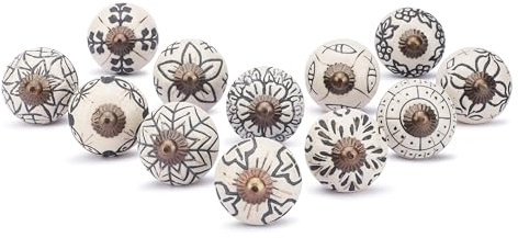 Ajuny Lot de 12 Boutons en Céramique Blanc Cassé pour Portes et Tiroirs de Cuisine Placards Meubles de Salle de Bain Commode Poignée Décorative en Poterie Fabriquée à la Main