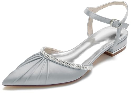 smlekwc Zapatos De Novia Satén con Punta Puntiaguda para Mujer Tacones Planos Cómodos con Diamantes De Imitación Correa En El Tobillo Sandalias con Talón para Fiesta De Boda,Plata,39 EU