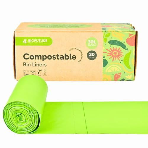 Biofuture 30L Biodegradable Bin Liners | Compostable Food Waste & Food Caddy Bags | EN13432 Certified Green Bin Bags for Food Waste & Recycling (30 Liners, 30L)