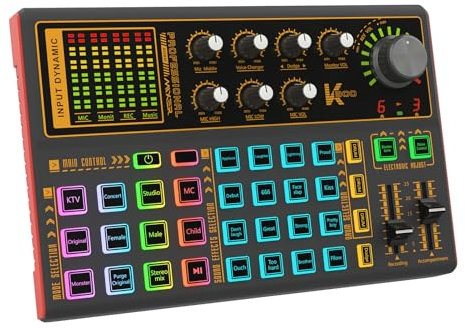 Docooler Tarjeta de sonido en directo K300 con múltiples efectos mezcladores de DJ, distorsionador de voz y luz LED para streaming, podcasting, grabación de juegos