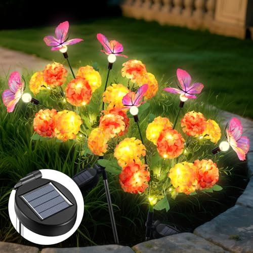 Qoosea Lampe Solaire Exterieure Jardin, 2 Pièces Lumière Solaire à Hortensia Fleurs avec Papillon, LED Lumiere Solaire Étanche IP65, Décoration pour Jardin, Pelouse, Terrasse, Fête, Mariage