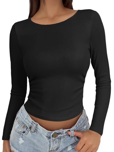 PINSPARK Sports T-Shirt Women's Long Sleeve Crop Top Functional Shirt Gym Tank Top Fitness Tops with Side Pleats Black