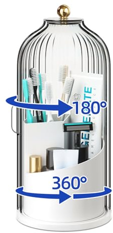 Dustproof Toothbrush Holders with Cover for Bathrooms, Rotating Covered Tooth Brush Holder for Bathroom Counter, Dust Proof Plastic Makeup Brush Holder Organizer with Sliding Lid for Vanity,Grey White