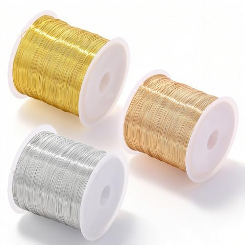 3 Rolls Copper Jewellery Wire, 100 m Spool Craft Wire Jewelry Beading Thread Silver and Gold Copper Metal Wires for Jewellery Making Beading Wires DIY Crafting Work Bouquets